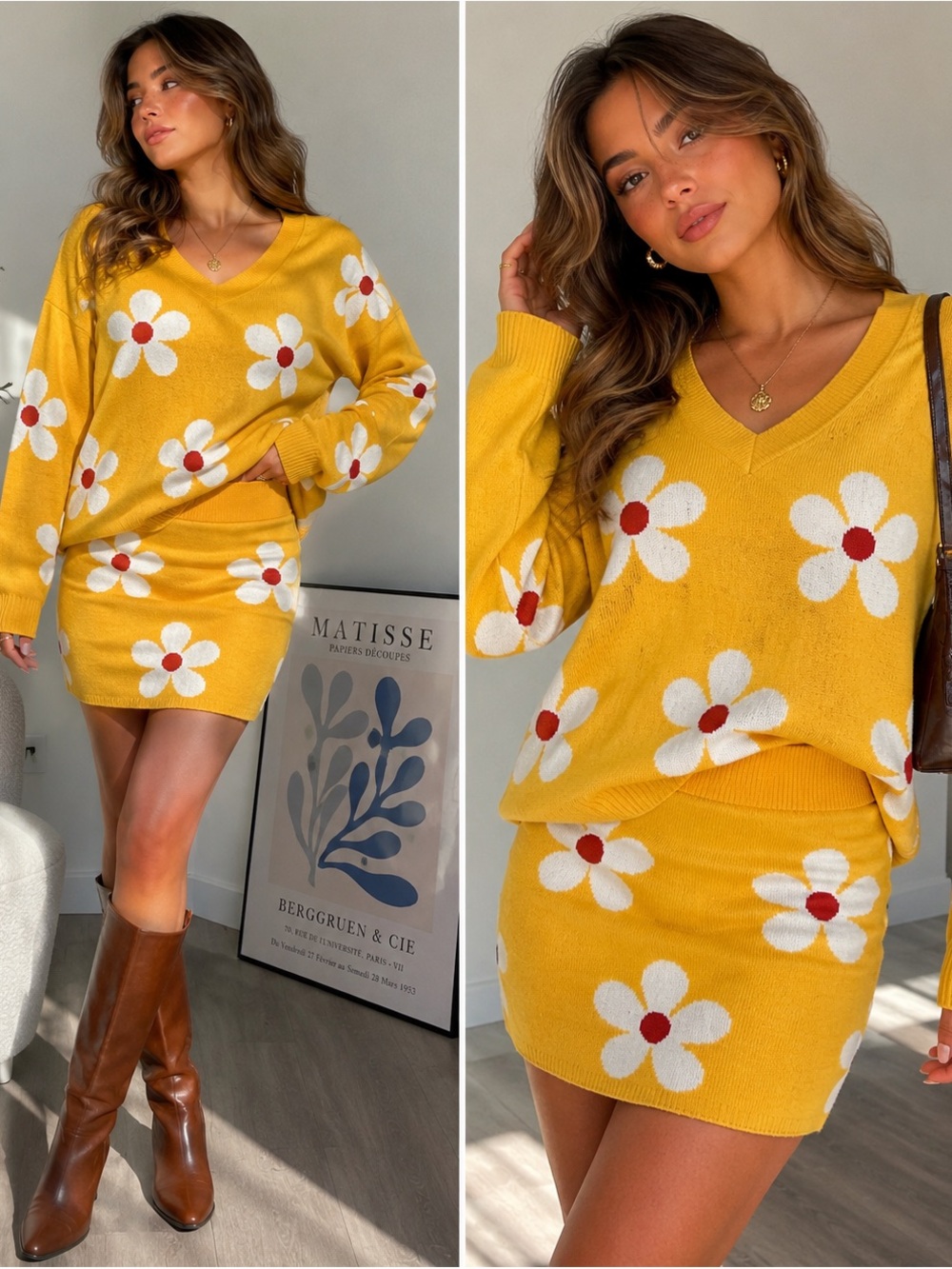 Sweater Land Mustard Yellow Daisy Flower Two-Piece Knit Set Sweater Skirt Y2K